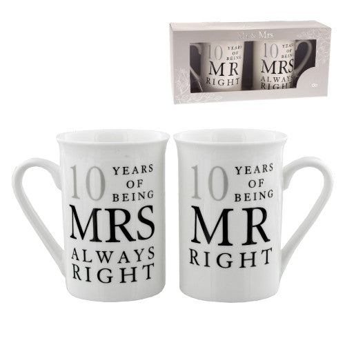 Amore Mug Gift Set - 10 Years Of Mr Right/Mrs Always Right