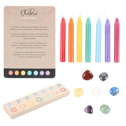 Chakra Energy Candles, Crystals and Candle Holder Gift Set