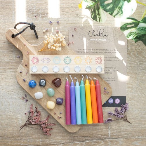 Chakra Energy Candles, Crystals and Candle Holder Gift Set