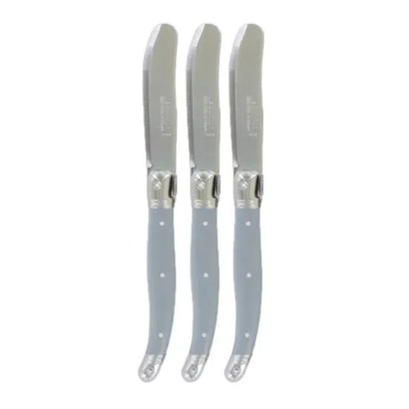 Stylish set of three mouse grey spreaders, ideal for serving butter, cheese, and dips at gatherings.