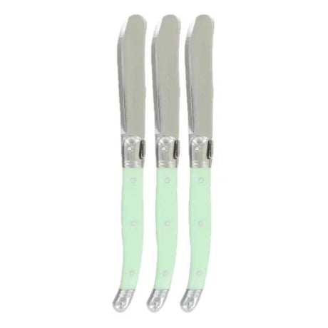 Pale green ergonomic spreaders set of three, stainless steel with colored resin handles, perfect for serving butter or cheese.