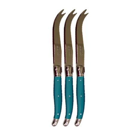 Teal Verdier cheese knife set of 3 with stainless steel blades and resin handles, featuring the Laguiole bee emblem.