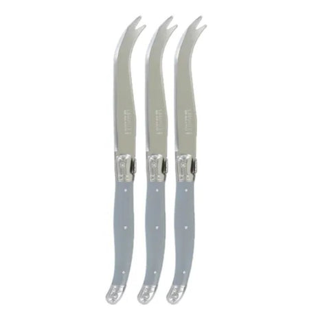 Set of 3 Verdier Cheese Knives in Mouse Grey with stainless steel blades and colored resin handles, featuring the Laguiole Bee.