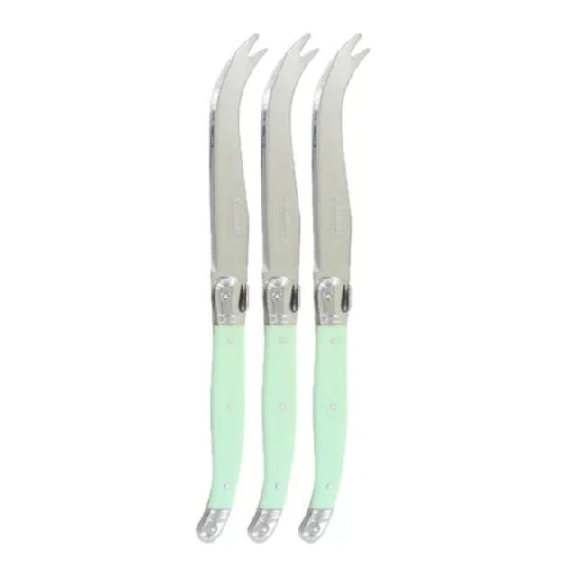 Pale green Verdier cheese knife set of three with stainless steel blades and resin handles, featuring the Laguiole Bee.