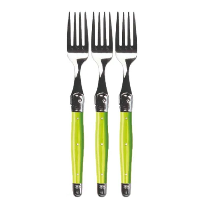 Elegant green resin-handled forks, 21 cm, crafted in France, featuring the Laguiole Bee; three-pack, dishwasher safe.