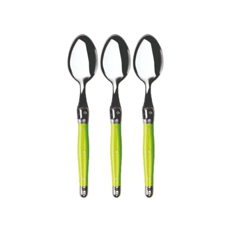 Three elegant green teaspoons featuring stainless steel and colored resin handles, adorned with the Laguiole Bee for added style.