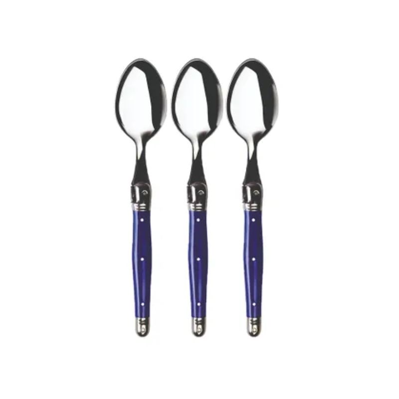 Set of three premium violet-handle teaspoons by Andre Verdier, featuring durable stainless steel and the Laguiole Bee emblem.