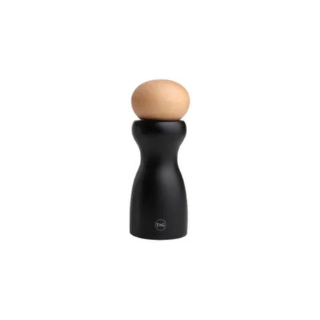 T&G Sphere Black Pepper Mill in black and natural beech, 150mm tall, features adjustable ceramic grinding mechanism.