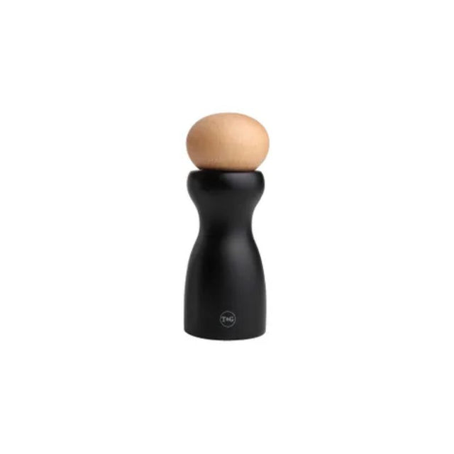 T&G Sphere Black Pepper Mill in black and natural beech, 150mm tall, features adjustable ceramic grinding mechanism.