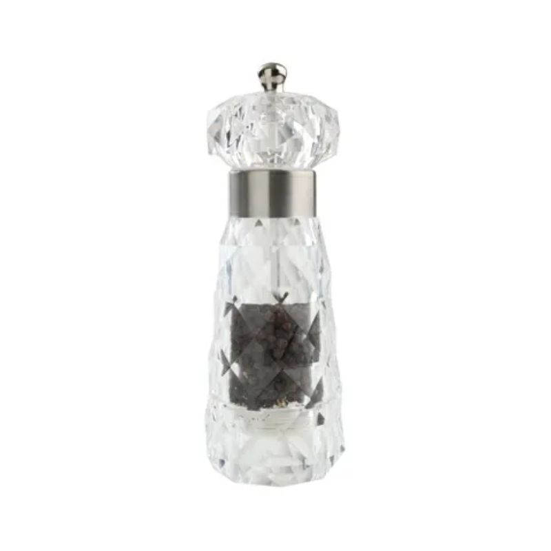 Clear acrylic T&G Diamond Pepper Mill, 180mm tall, features adjustable ceramic grind for fresh pepper and durable design.