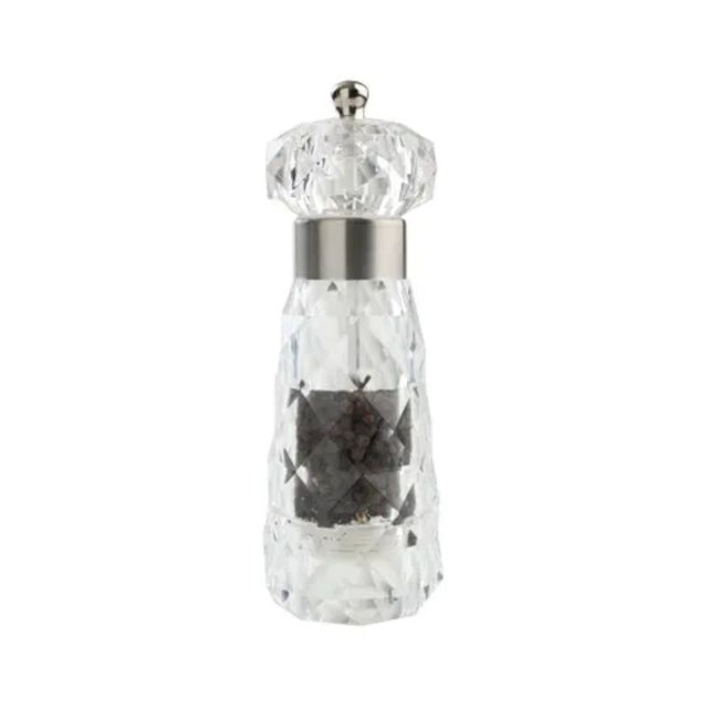 Clear acrylic T&G Diamond Pepper Mill, 180mm tall, features adjustable ceramic grind for fresh pepper and durable design.