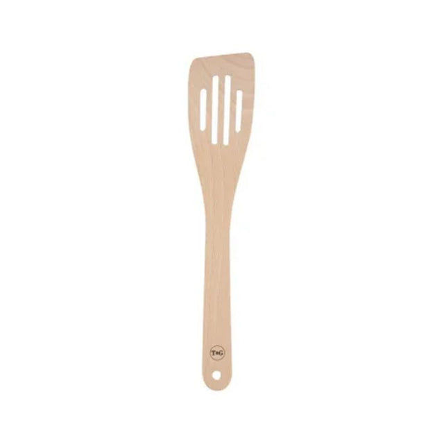 Curved slotted beech spatula, 300mm, perfect for flipping and serving with an ergonomic handle for comfort and control.