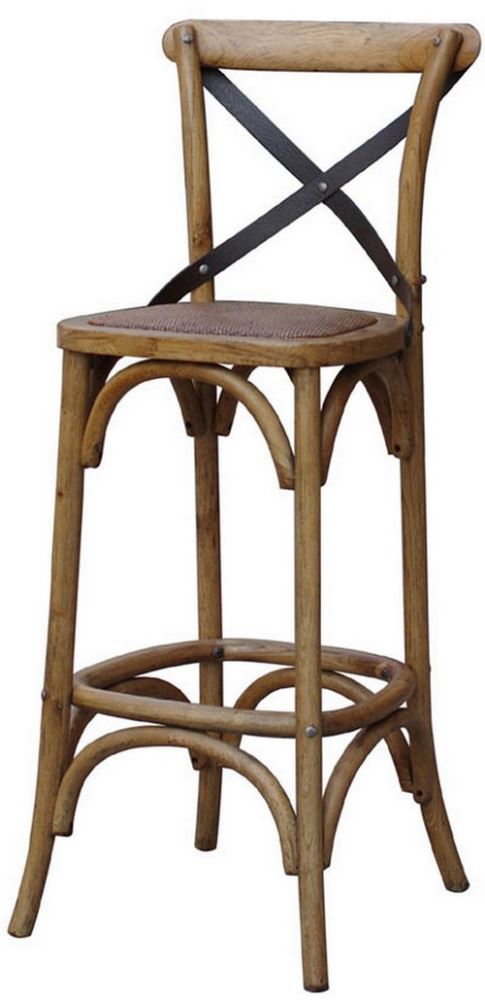 Wooden bar stool with cross back design, solid oak and rattan seat, perfect for stylish and comfortable dining experiences.