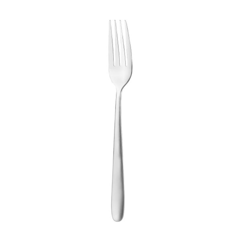 12 Pack of TableKraft Cafe Table Forks in stainless steel, featuring sleek satin handles for stylish and durable dining.