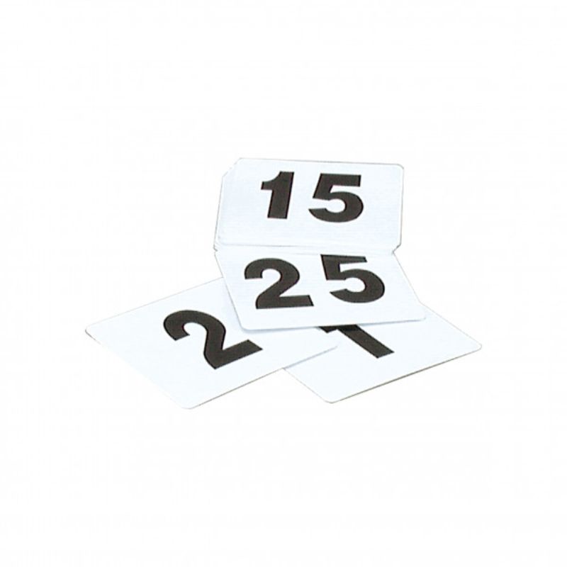 Black and white table number set by Chef Inox, featuring 50 durable, elegant cards for organized dining and events.