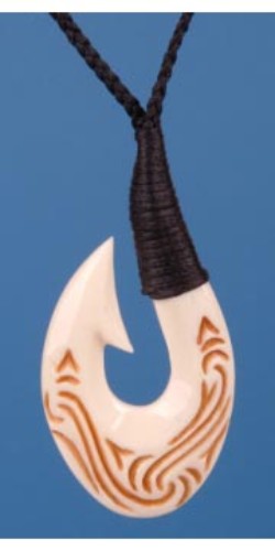 Intricately crafted Bone Braided Hook Pendant, symbolizing safe travels and good fortune, on a black adjustable cord.