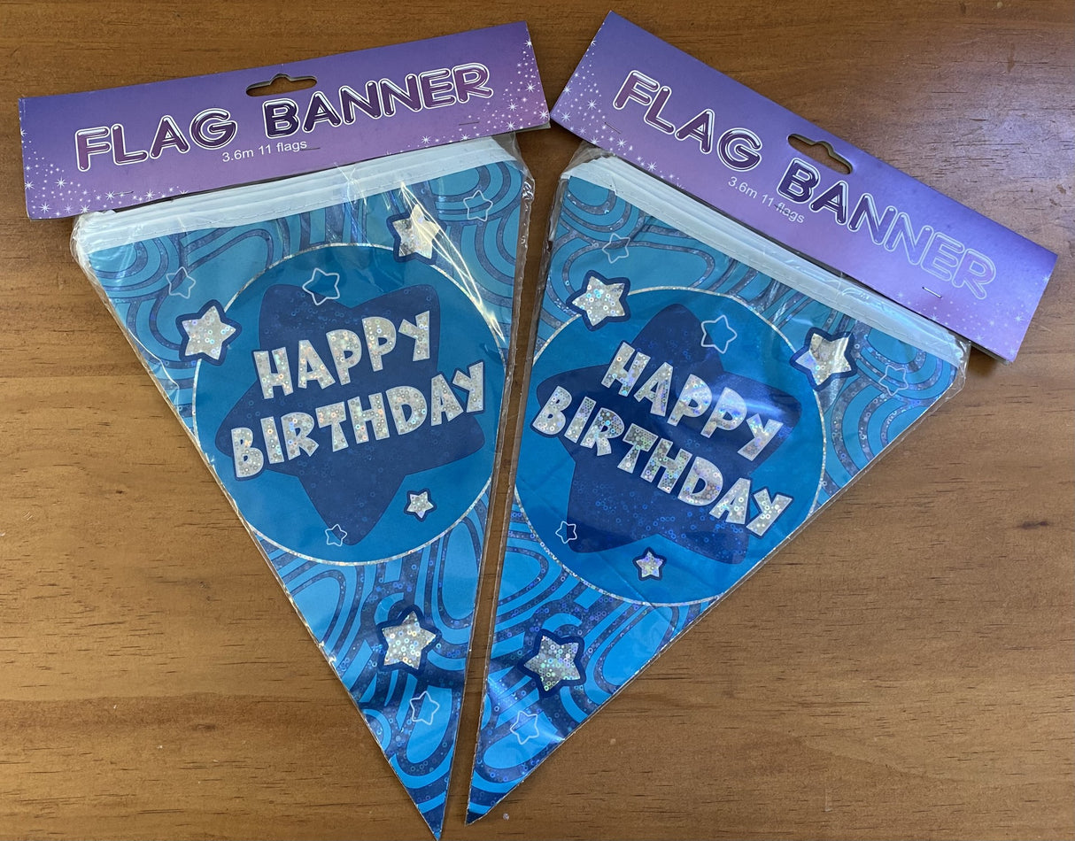 Vibrant blue "Happy Birthday" banners set of 2 for festive celebrations, perfect for indoor and outdoor party decorations.