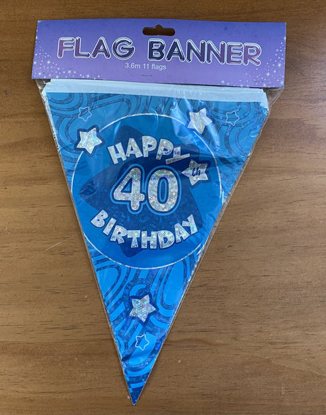 Happy 40th Birthday Banner in vibrant blue, perfect for indoor and outdoor celebrations, marking a special milestone.