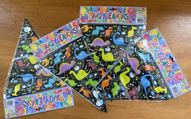 Colorful dinosaur party bunting set of 4 banners, each with 12 flags, perfect for themed celebrations and events.