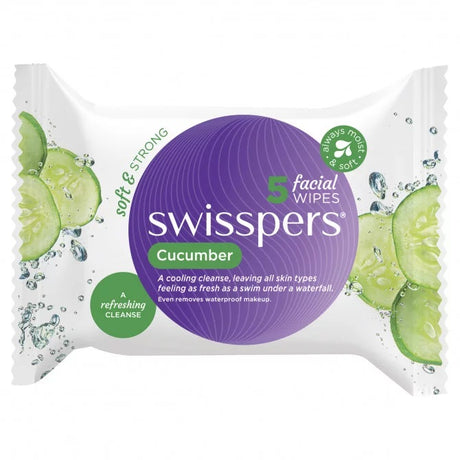 Swisspers Cucumber Facial Wipes in packs of 5 for effective cleansing and hydration, perfect for removing stubborn makeup.