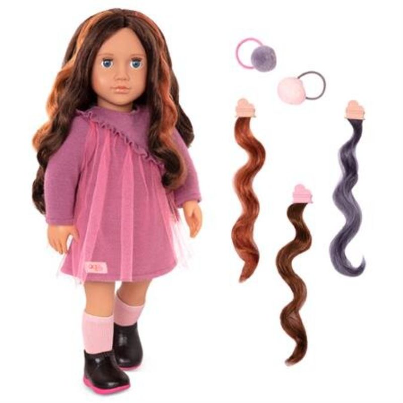 Our Generation Hair Play Doll Bridget with long brown hair, blue eyes, and stylish outfit, perfect for creative hairstyling fun.