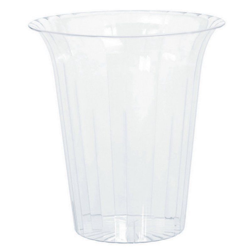 Clear medium plastic flared cylinder, perfect for displaying flowers or candles in stylish home decor or events.