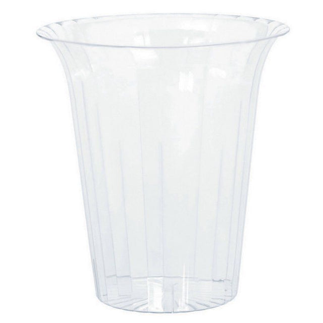 Clear medium plastic flared cylinder, perfect for displaying flowers or candles in stylish home decor or events.