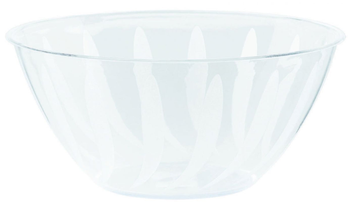 Clear plastic swirl bowl (946ml) ideal for serving salads and desserts, lightweight, shatter-resistant, and stylish.