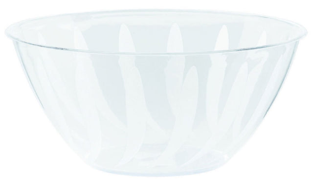 Clear plastic swirl bowl (946ml) ideal for serving salads and desserts, lightweight, shatter-resistant, and stylish.