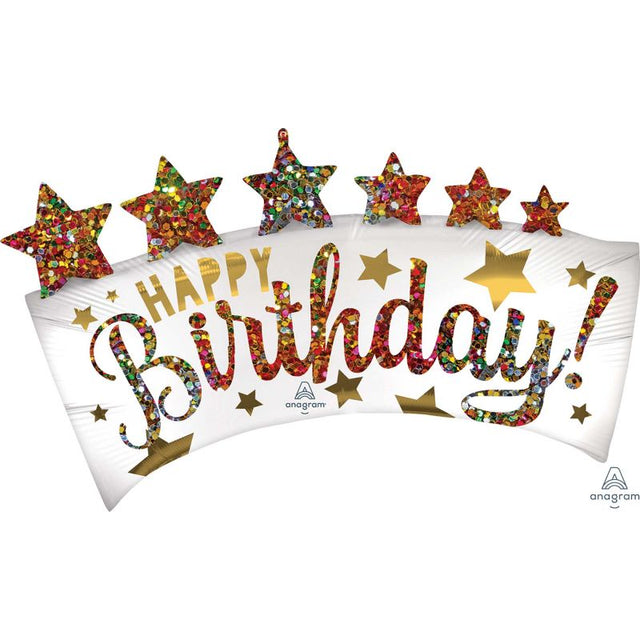 SuperShape XL satin foil balloon featuring a glittery "Happy Birthday" banner and stars, measuring 86cm for festive celebrations.