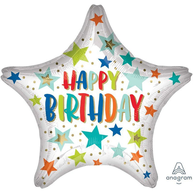 Vibrant 45cm foil balloon with colorful stars and polka dots, perfect for adding sparkle to birthday celebrations.