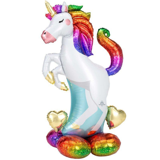 AirLoonz unicorn and hearts foil balloon, 83cm x 139cm, air fill only with straw and strap included.