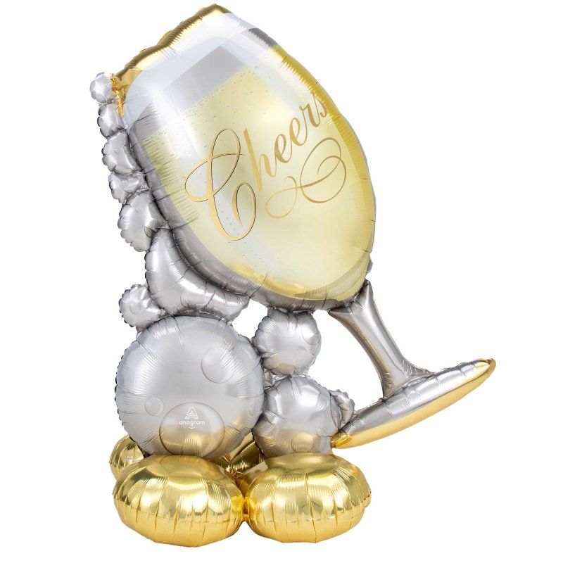 Foil AirLoonz balloon shaped like a bubbly wine glass, 129cm tall, ideal for celebrations and parties.