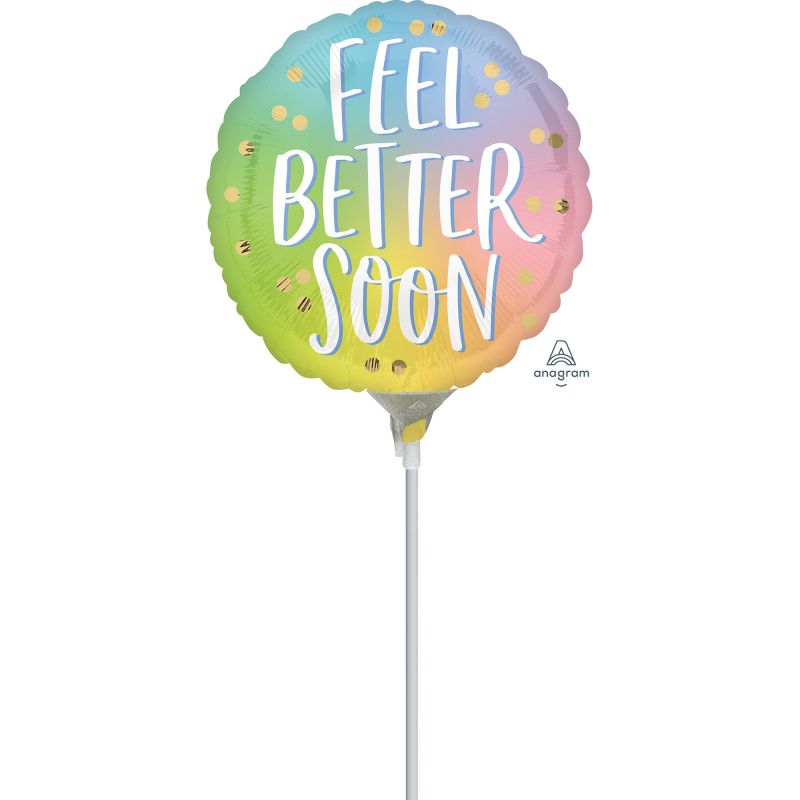 "22cm ombre foil balloon with 'Feel Better Soon' message, designed for air inflation and heat sealing."