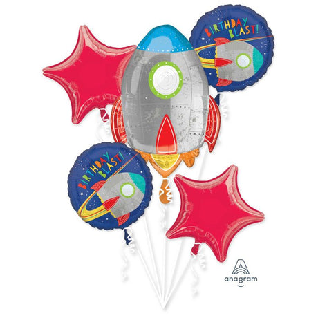 Colorful foil balloon bouquet featuring 1 shaped balloon and 4 standard 45cm balloons, perfect for birthday celebrations.