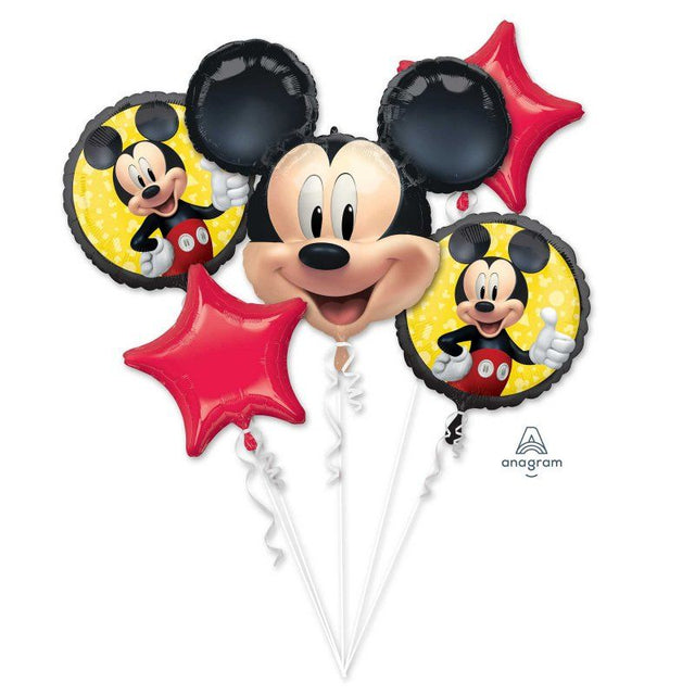 Foil Balloon Bouquet featuring Mickey Mouse, perfect for vibrant Disney-themed celebrations, includes one shaped and four standard balloons.