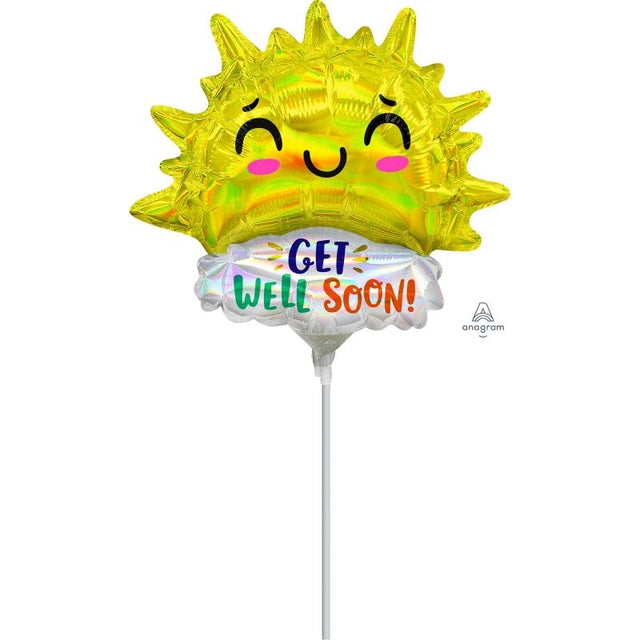 Iridescent mini foil balloon shaped like a sun, perfect for sending get well wishes and spreading positivity.