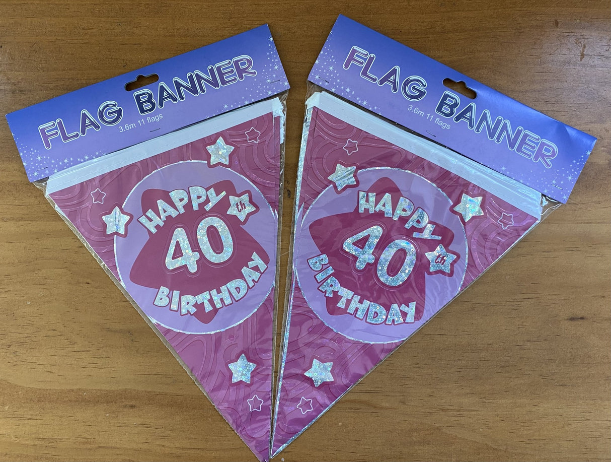 Vibrant pink banners for a 40th birthday celebration, perfect for adding festive cheer to any party setting.