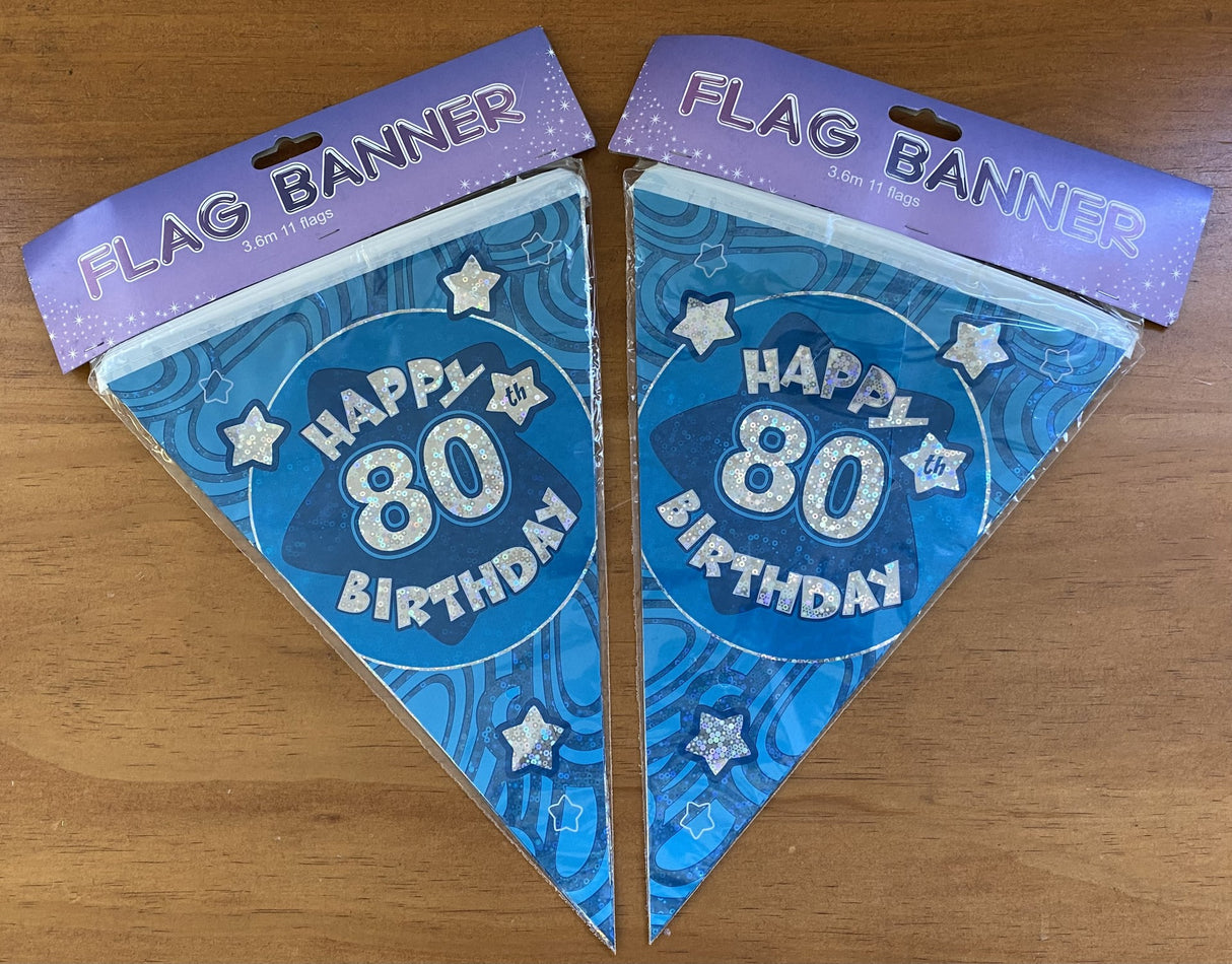 Vibrant blue 80th birthday banners, ideal for indoor and outdoor celebrations, perfect for creating memorable moments.