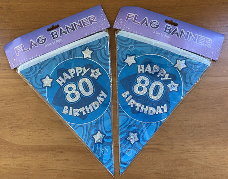 Vibrant blue 80th birthday banners, ideal for indoor and outdoor celebrations, perfect for creating memorable moments.