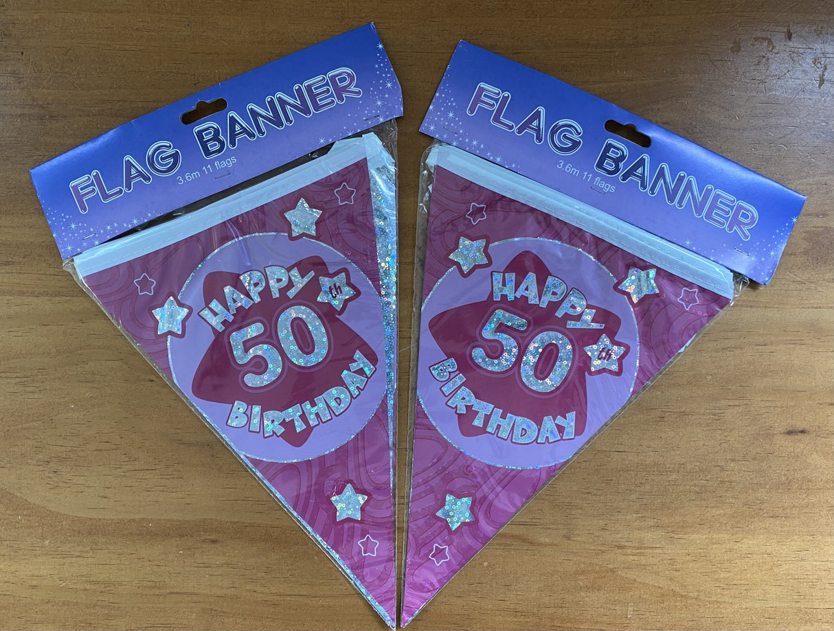 Pink "Happy 50th Birthday" banners set of 2, perfect for festive celebrations and photo backdrops.