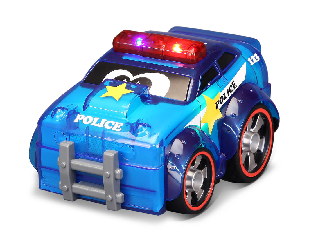 A vibrant, glowing police car toy with engaging sounds, designed for toddlers to promote sensory development and imaginative play.