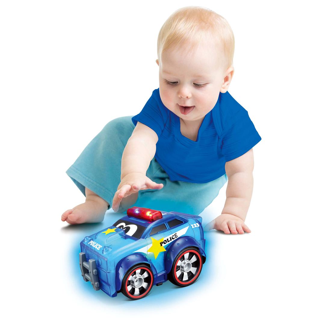 Glowing police car toy for toddlers with sound effects, promoting imaginative play and sensory development.
