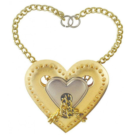 Heart-shaped Huzzle puzzle with gold and silver pieces, designed for adult brain teasers and couples to enjoy together.