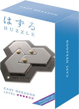 Huzzle Puzzle: Hexagon features three unique hexagon pieces in a frame, designed for level 4 brain-teasing fun.