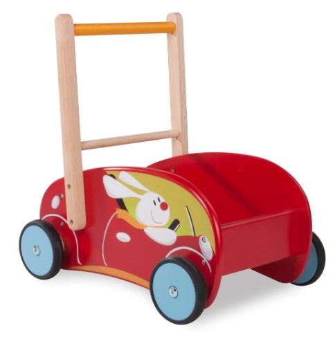 Bright red Wonder Baby Walker with cute rabbit and bear illustrations, adjustable speed, and spacious toy storage for toddlers.