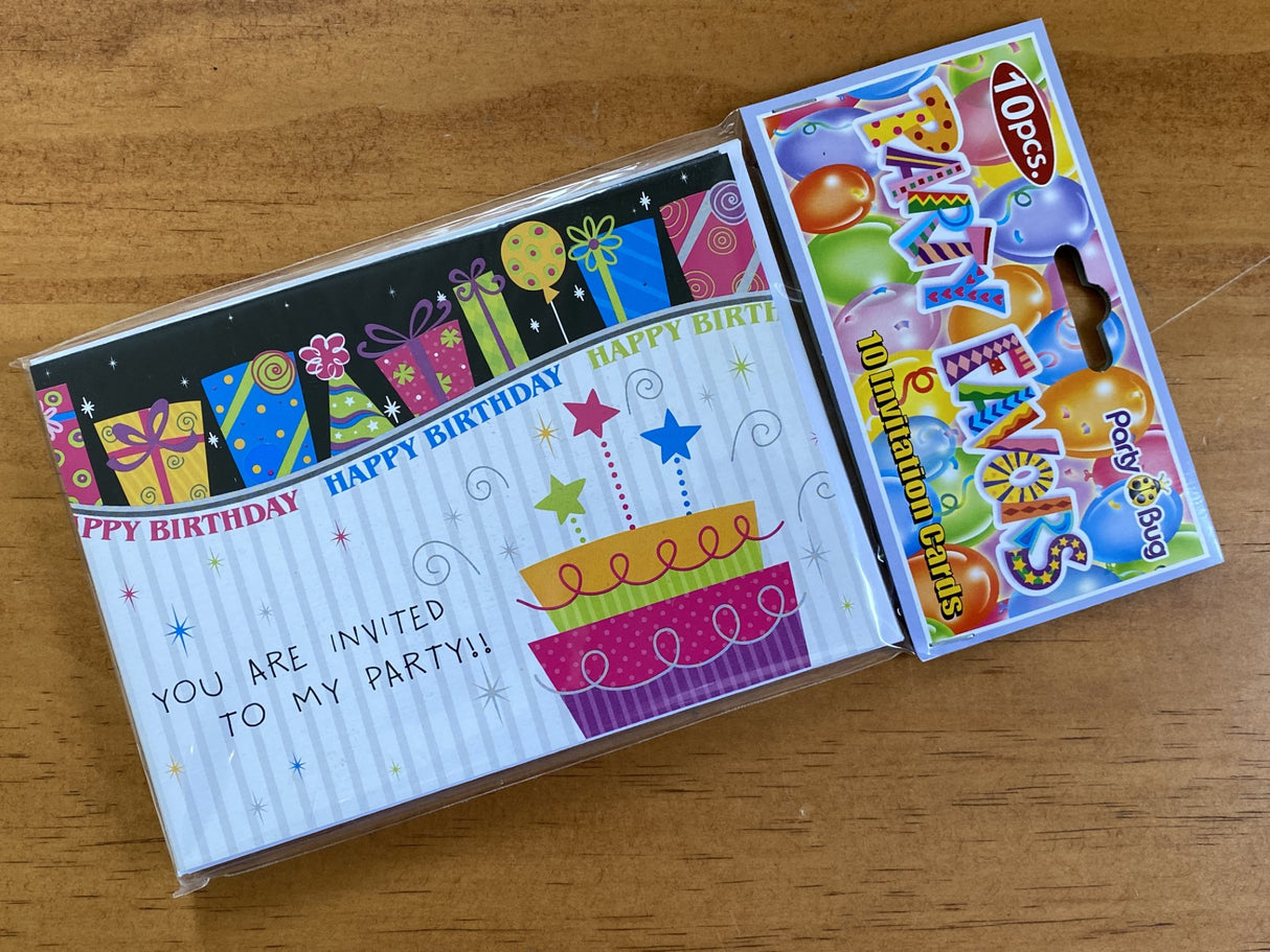 Colorful pack of 10 Happy Birthday invitations, perfect for kids' parties and themed celebrations.