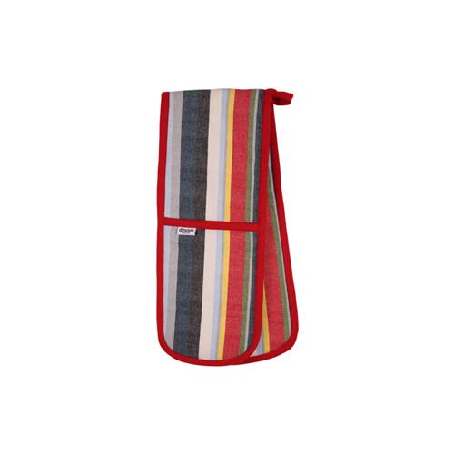 Striped Recycled Cotton Double Oven Gloves - Red - Dexam