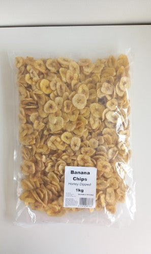 Honey dipped banana chips in a 1kg packet, offering a crunchy, sweet snack packed with nutrients and great for sharing.