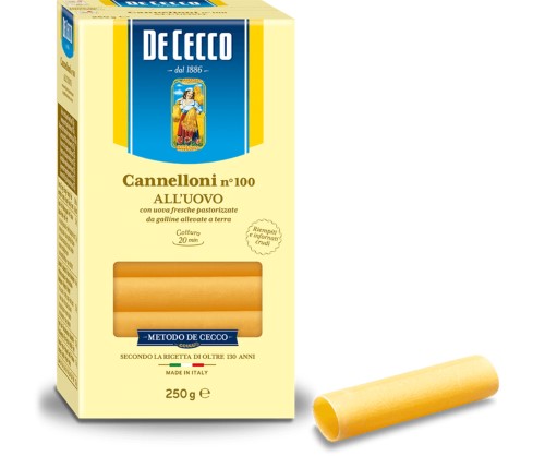 De Cecco pasta cannelloni tubes, 250g packet, ideal for stuffing with savory fillings.